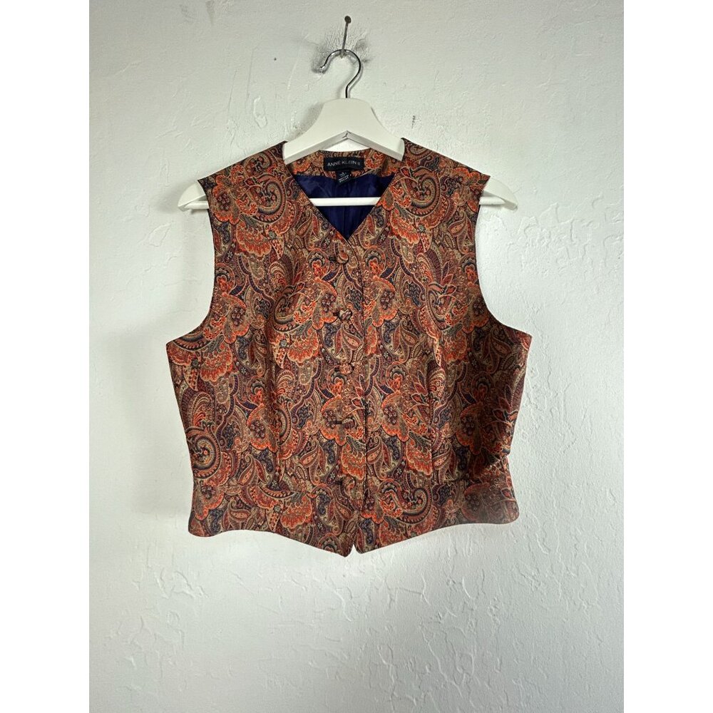 Vintage Anne Klein II Womens Multicolor Jacquard Paisley Button Down Vest Size 6